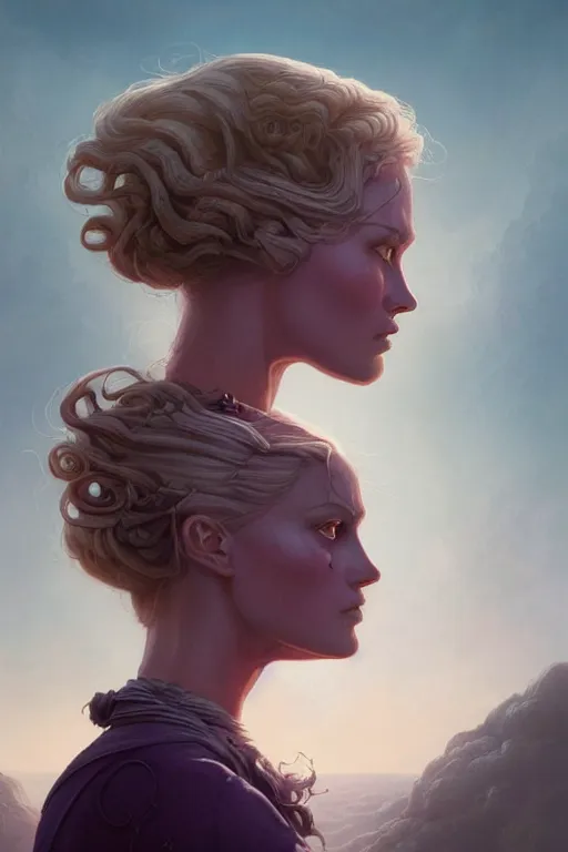 Image similar to Dolores Abernathy (Westworld character), breathtakingly beautiful portrait, beautiful hair, symmetrical face, moonlit purple sky, matte painting by Peter Mohrbacher, highly detailed, intricate, ,award winning artwork, trending on artstation, high quality printing, fine art with subtle redshift rendering
