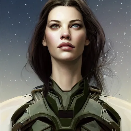 Prompt: a professional painting of a young Liv Tyler, clothes in military armor, olive skin, long dark hair, beautiful bone structure, symmetrical facial features, intricate, elegant, digital painting, concept art, smooth, sharp focus, illustration, from StarCraft by Ruan Jia and Mandy Jurgens and Artgerm and William-Adolphe Bouguerea”