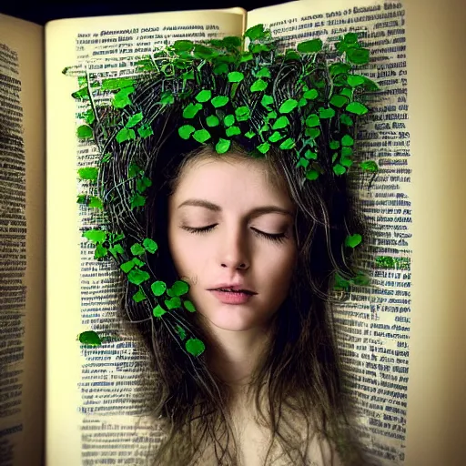 Image similar to “ very photorealistic photo of vines growing out of a woman ’ s book as she sleeps, award - winning details ”