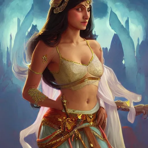 Prompt: indo-persian princess, D&D, painted fantasy character portrait, highly detailed, digital painting, artstation, concept art, sharp focus, illustration, art by artgerm and greg rutkowski and alphonse mucha