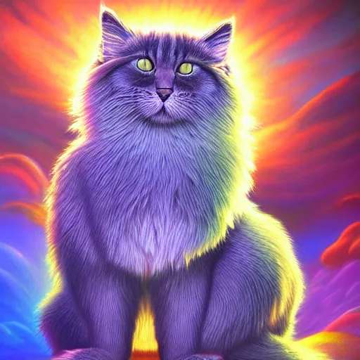 Image similar to colossal fluffy cat, by alex grey, fantasy, vivid colors, sharp focus, digital art, hyper - realistic, 4 k, unreal engine, highly detailed, hd, dramatic lighting by brom, trending on artstation