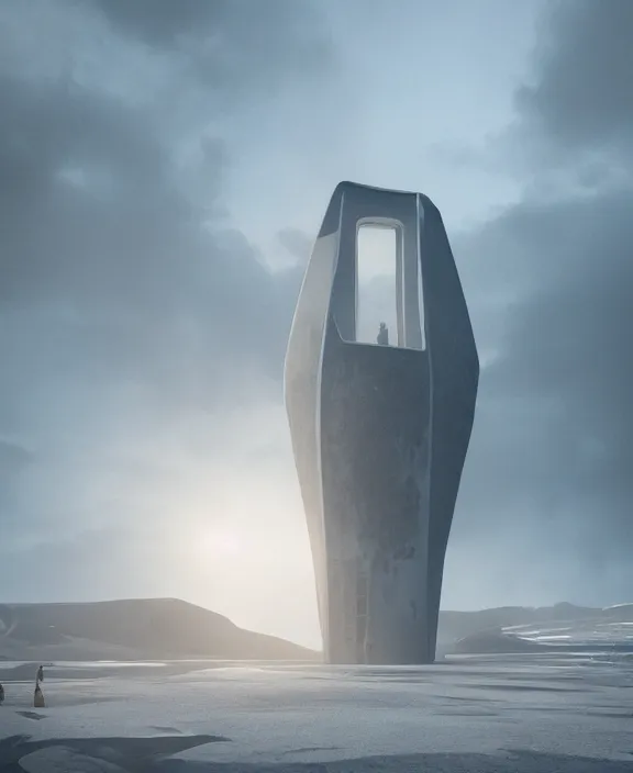 Image similar to surreal covenant tower in the exploration, futuristic white architecture in the beach in iceland, foggy, highly detailed, digital painting, arstation, concept art, hyperealistic octane render, unreal engine,