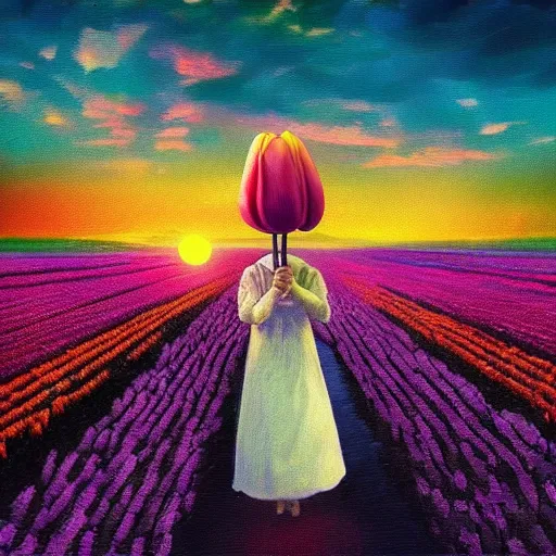 Image similar to girl with a giant tulip head, surreal photography, flower field, sunset dramatic light, impressionist painting, colorful clouds, blue sky, digital painting, artstation, simon stalenhag