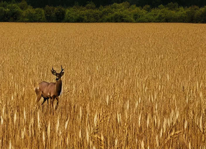 Prompt: A photo of a deer standing in a wheat field surrounded by a forest