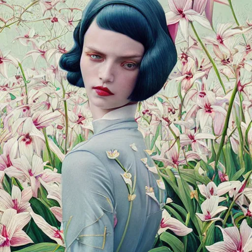 Prompt: pretty model with white lilies : : by martine johanna and simon stalenhag and chie yoshii and casey weldon and wlop : : ornate, dynamic, particulate, rich colors, intricate, elegant, highly detailed, vogue, botanical, harper's bazaar art, fashion magazine, smooth, sharp focus, 8 k, octane render