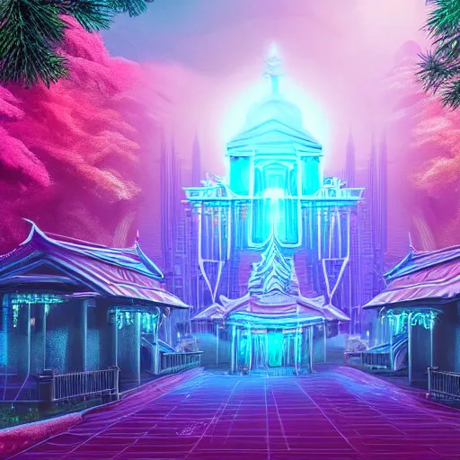 Prompt: mystical realistic poster with shaded lighting by arjun brooklyn radiant light, detailed and complex environment, solace, beautiful, utopic city with many buildings and temples, old growth pine trees, overlaid sacred geometry, with implied lines, gradient of hot pink and neon baby blue