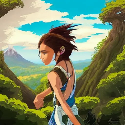 Image similar to “Zendaya, Mononoke-hime style, cartoon, blue sky with white clouds green hills and mountains on the background, fantasy, photorealistic, concept Art, ultra detailed portrait, 4k resolution”