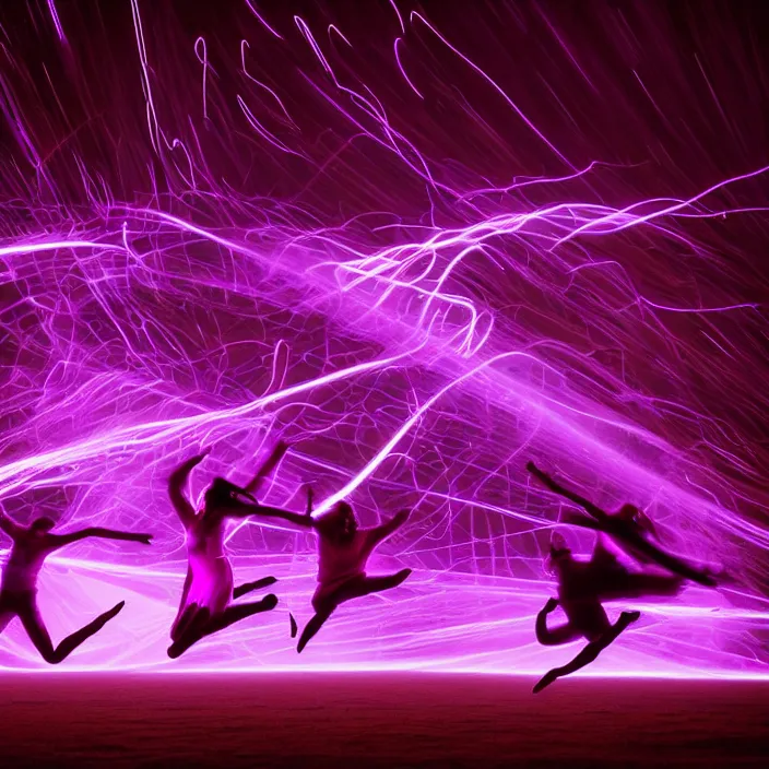 Prompt: epiphanies, violet, purple, crimson & magenta long exposure time - lapse light painting of a silhouetted dancers jumping by george lucas & ron howard, hyper detailed, red & purple, bioluminescent ambient lights with orton effect, sparkling crystalline masterpiece incrustations, 8 k scenery, perfect lighting balance,