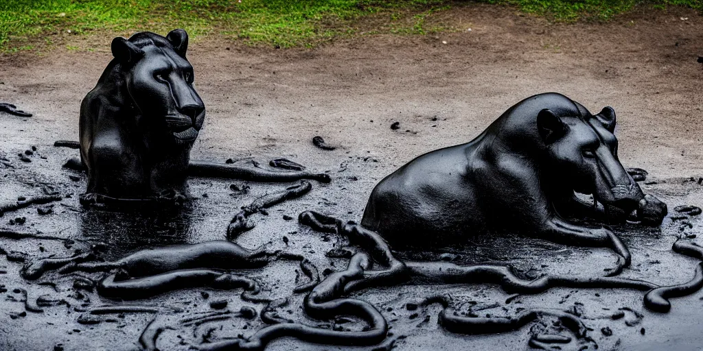 Prompt: the black lioness, made of smooth black goo, bathing inside the tar pit in the zoo exhibit, viscous, sticky, full of black goo, covered with black goo, splattered black goo, dripping black goo, dripping goo, splattered goo, sticky black goo. photography, dslr, reflections, black goo, zoo, exhibit