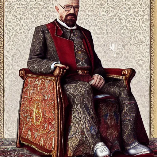 Prompt: Walter White, Ottoman Sultan, ottoman attire, sitting on a throne in a majestic palace , 1900, photorealistic, ultra-detailed, 4k high resolution, HDR shot