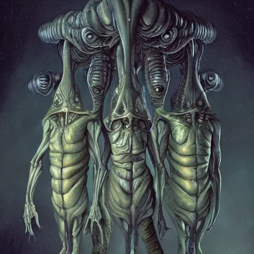 Image similar to aliens from the second edition of barlowe's guide to extraterrestrials, highly detailed, photorealistic, artstation, highly detailed, oil painting, dramatic lighting, award - winning, accurate anatomy