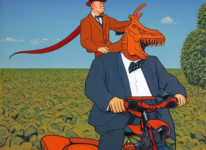 Prompt: Winston Churchill riding a T-Rex, painting by Jean Giraud and René Magritte and Gary Panter