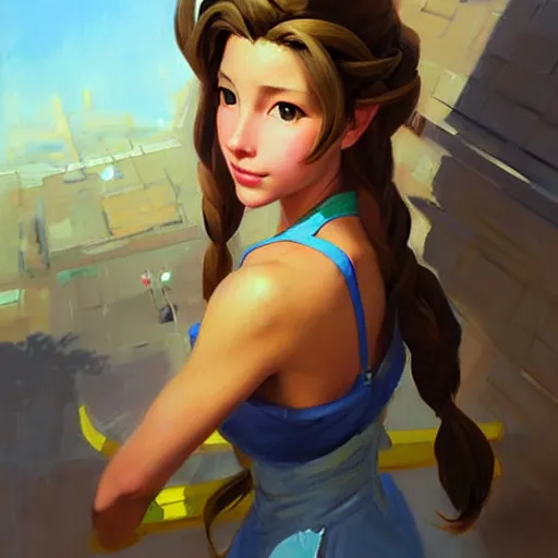 Image similar to Greg Manchess portrait painting of Aerith Gainsborough from FFVII as Overwatch character, medium shot, asymmetrical, profile picture, Organic Painting, sunny day, Matte Painting, bold shapes, hard edges, street art, trending on artstation, by Huang Guangjian and Gil Elvgren and Sachin Teng