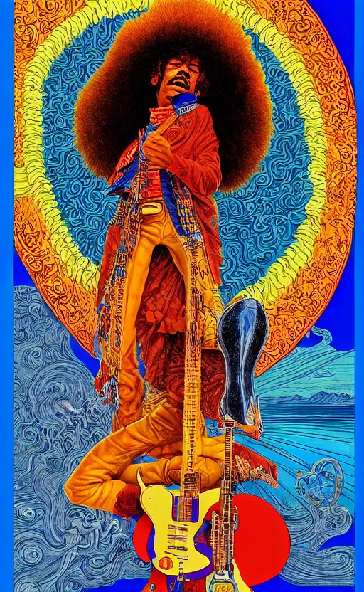 Prompt: an astonishing and hilarious jean giraud work of art of jimi hendrix in the style of a renaissance masters portrait, mystical and new age symbolism and tibetan book of the dead imagery, intricately detailed, 4 k