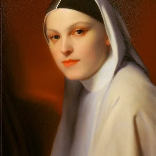 Image similar to a portrait of a beautiful nun, painted by Delphin Enjolras and Franz Xaver Winterhalter, oil painting