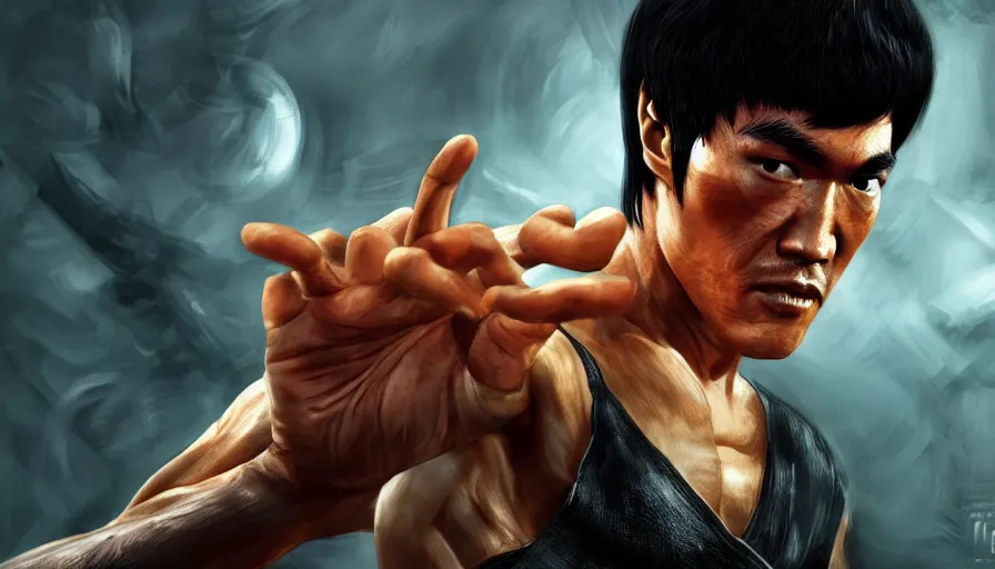 Prompt: Bruce Lee in Mortal Kombat, hyperdetailed, artstation, cgsociety, 8k