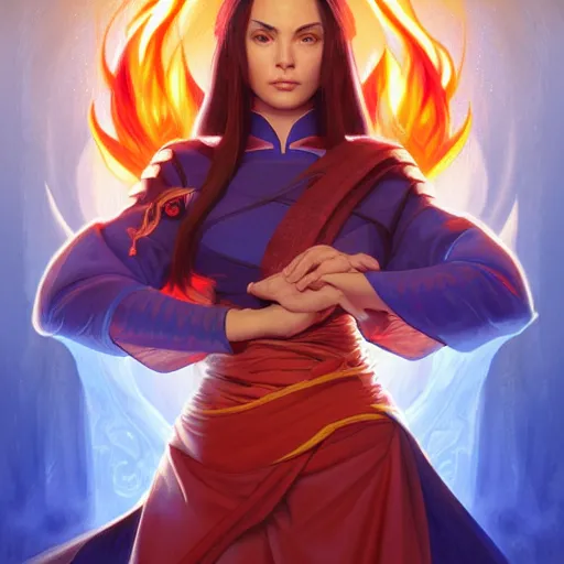 Prompt: Portrait of Fire Lord Azula, her left hand wreathed in blue flame, Avatar The Last Airbender, intricate, elegant, highly detailed, digital painting, artstation, concept art, smooth, sharp focus, illustration, art by artgerm and greg rutkowski and alphonse mucha and andrei riabovitchev