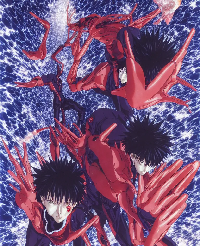 Prompt: symmetrical. realistic detailed image of third impact, realistic detailed male character, kaworu nagisa, depth perception, masterpiece, depth of field, action horror, gothic, vivid colors. art by yoshitaka amano, by yukito kishiro, by yoshiyuki sadamoto, by artgerm, by hajime sorayama