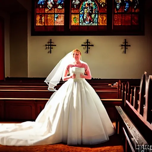 Image similar to rhinoceros wearing a wedding dress in a chapel, photo realistic, hyper detailed, cinematic lighting, polaroid