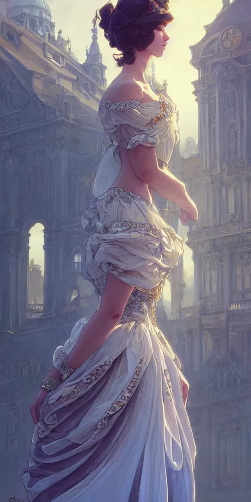 Image similar to mayors beautiful daughter, elegant dress, town hall, intricate, highly detailed, digital painting, artstation, concept art, smooth, sharp focus, illustration, Unreal Engine 5, 8K, art by artgerm and greg rutkowski and alphonse mucha, by Jesper Ejsing