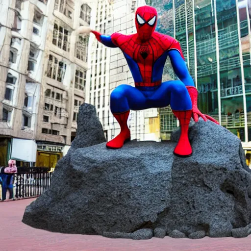 Image similar to rock sculpture of spiderman in a public square