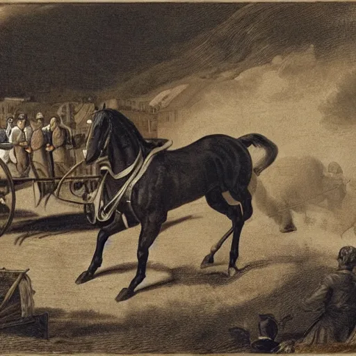 Prompt: a horse pulling a harnessed towed canon