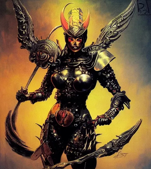 Image similar to portrait of strong korean female chaos angel, beautiful! coherent! by frank frazetta, by brom, strong line, vivid neon color, spiked scrap metal armor, iron helm, high contrast, maximalist