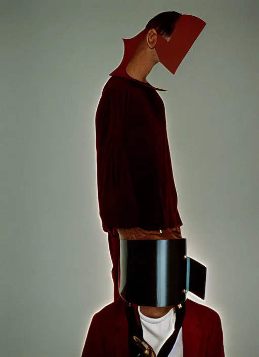 Image similar to a fashion portrait photograph of a man wearing a plastic mask designed by james turrell, 3 5 mm, color film camera,