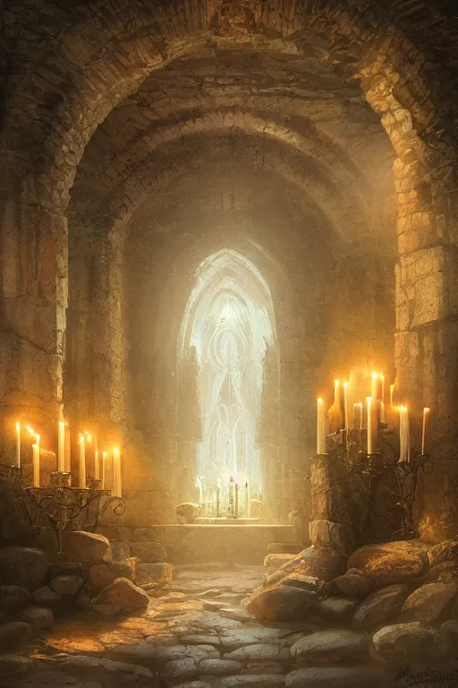 Prompt: Detailed Interior of Monastery Ruins, Summer Pine Tree, light of god, light shafts, candles, stunning atmosphere, in Style of Peter Mohrbacher, cinematic lighting