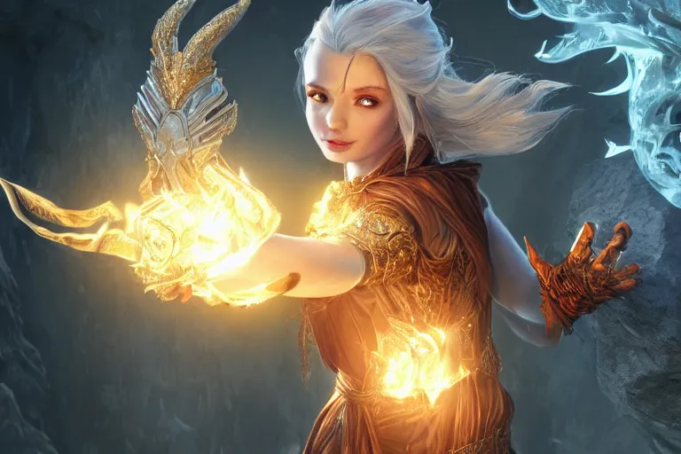 Image similar to ultra detailed fantasy, a beautiful magician with a fireball in right her hand, an ice sword in her left hand, realistic, dnd, rpg, lotr game design fanart by concept art, behance hd, artstation, deviantart, global illumination radiating a glowing aura global illumination ray tracing hdr render in unreal engine 5