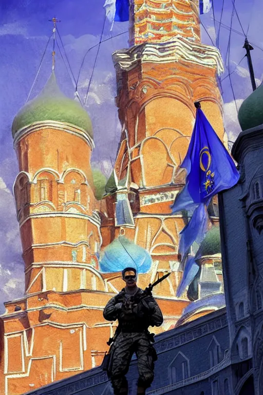 Image similar to special forces soldier raising ukrainian blue and yellow flag, kremlin st. basil cathedral in the background, masculine figure, d & d, fantasy, bright atmosphere, volumetric lights, intricate, elegant, extremely detailed, digital painting, artstation, concept art, matte, smooth, sharp focus, hyper realistic, illustration, art by artgerm and greg rutkowski and alphonse mucha