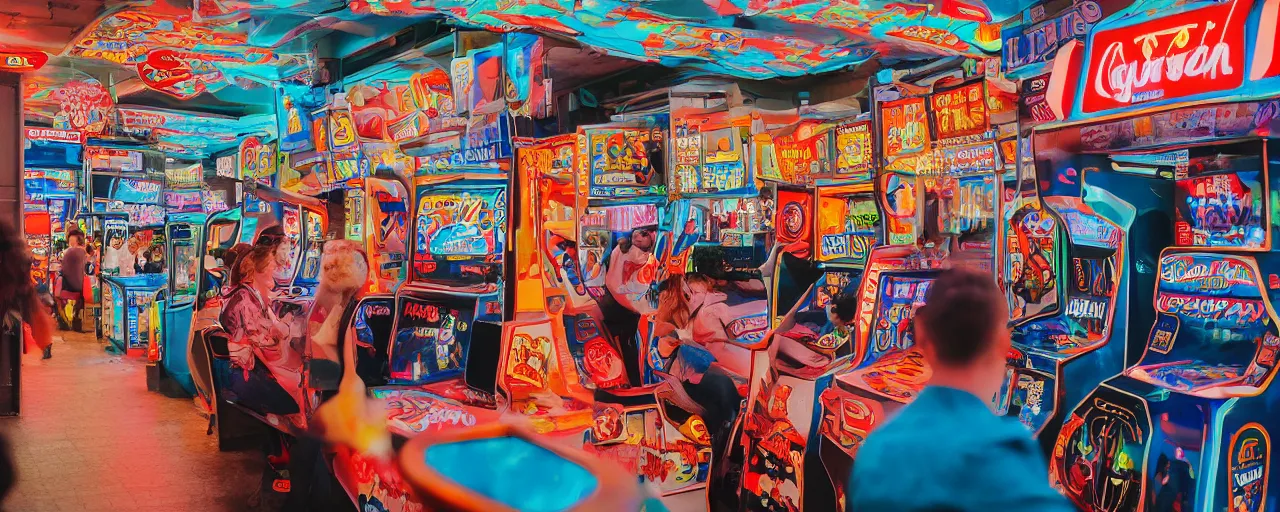 Prompt: A photograph from the 80's of a busy arcade, XF IQ4, 150MP, 50mm, F1.4, ISO 200, 1/160s, natural light
