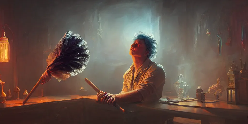 Image similar to man with feather duster, atmosphere, glow, detailed, intricate, full of colour, cinematic lighting, trending on artstation, hyperrealistic, focused, extreme details, cinematic, reg rutkowski, fantasy art, highly detailed, digital painting, smooth, concept art, sharp focus, illustration