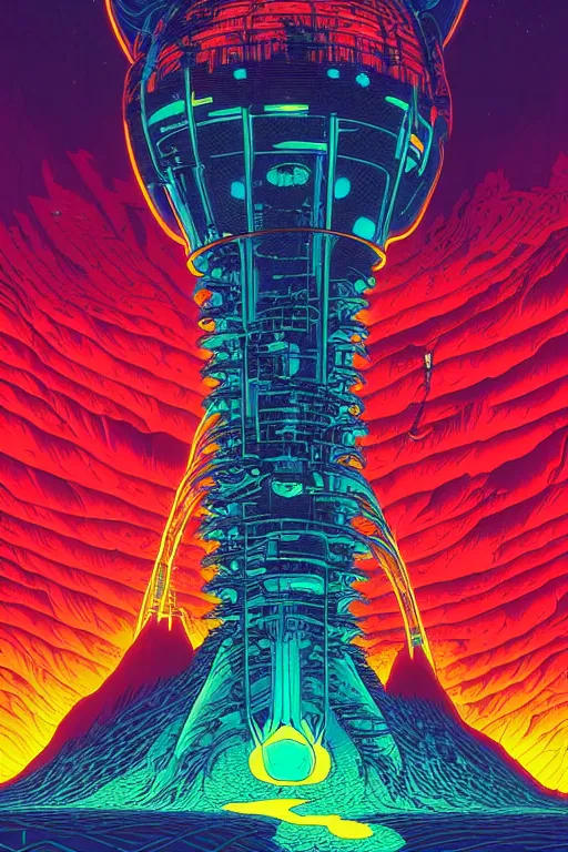 Image similar to artwork by kilian eng and ( dan mumford ) and toshi yoshida and franklin booth showing a futuristic powerstation!! in front of a ( ( exploding volcano ) ), vintage scifi, high details, dramatic lightning,, 8 k