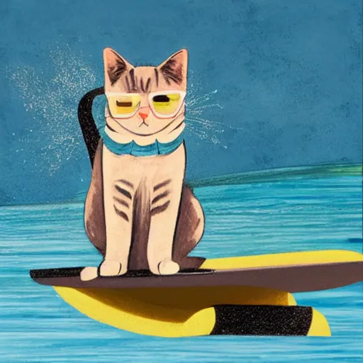 Prompt: a cat surfing with sunglasses