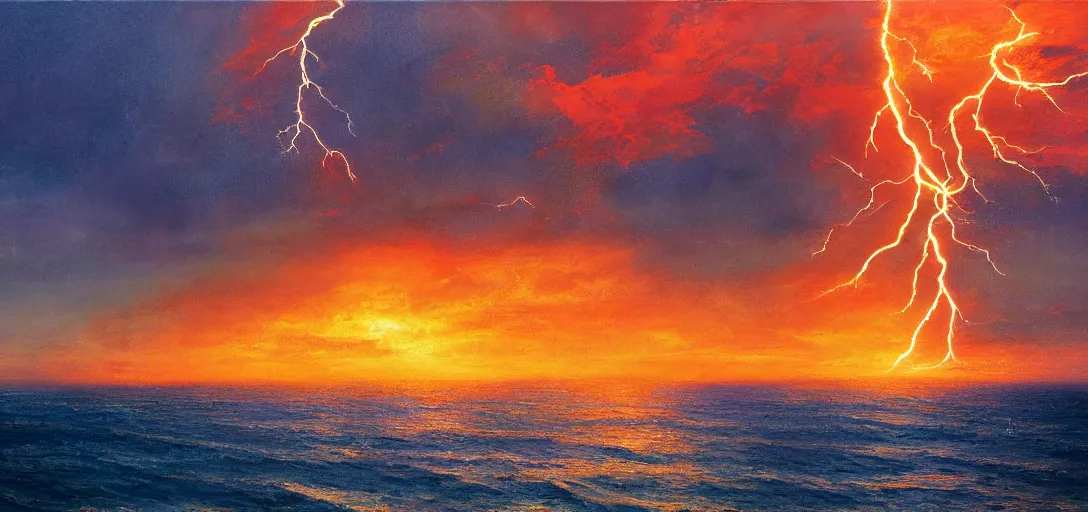 Image similar to aerial painting of a giant beautiful female, standing deep in the ocean, the sky and islands are on fire, atmospheric lightning, godray, concept art, in the style of bob byerley, 8 k high details