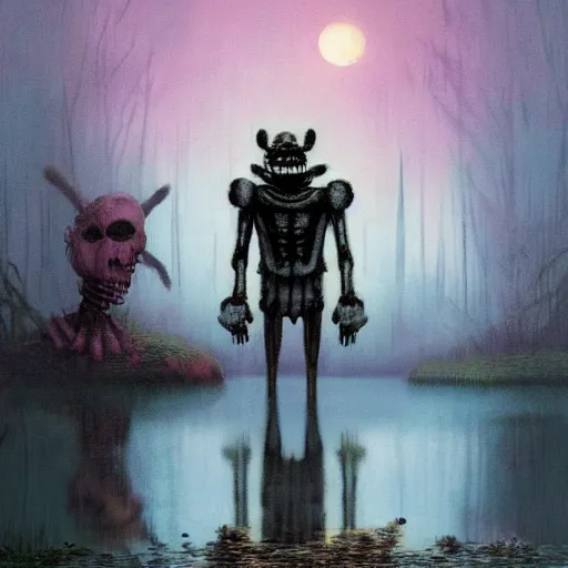 Image similar to creepy ruined abandoned fnaf character, fnaf animatronic rising from the lagoon at night, creepypasta, lamps in the night sky, greg rutkowski, creepy dark beksinski painting, vhs footage