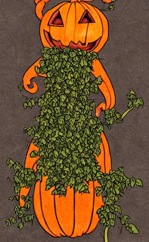 Image similar to a pumpkin monster but it's body is made out of vines and weeds, full body portrait