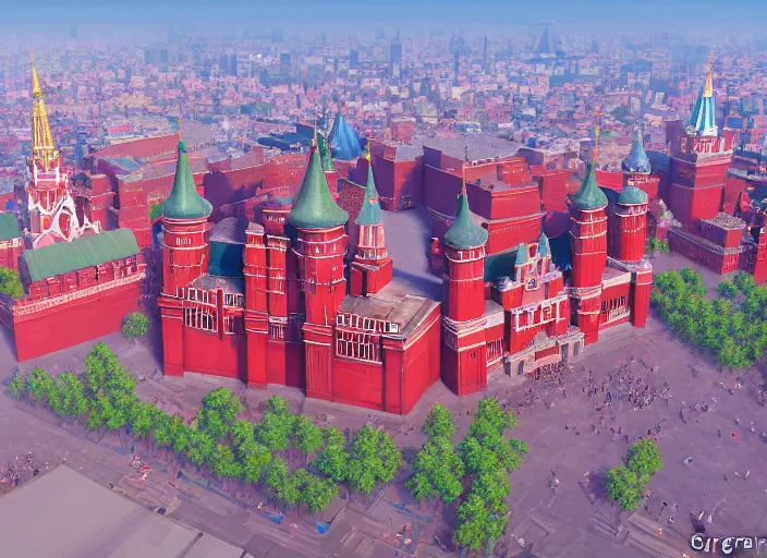 Image similar to overhead view of the great red square in the dwarf city of druman, medium shot, studio ghibli, pixar and disney animation, sharp, rendered in unreal engine 5, anime key art by greg rutkowski, bloom, dramatic lighting