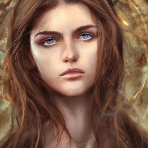 Prompt: centered front face portrait of an attractive young female earth angel, beautiful long brown hair, rocks and stones, intricate, highly detailed, elegant, digital painting, trending on artstation
