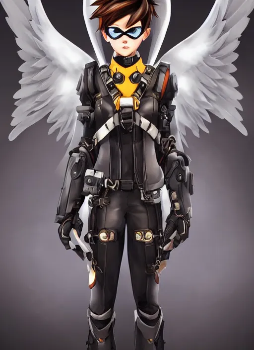 Image similar to full body artwork of tracer overwatch wearing leather collar, angel wings, dramatic painting, symmetrical composition, wearing detailed leather collar, black shiny armor, chains, black harness, detailed face and eyes,