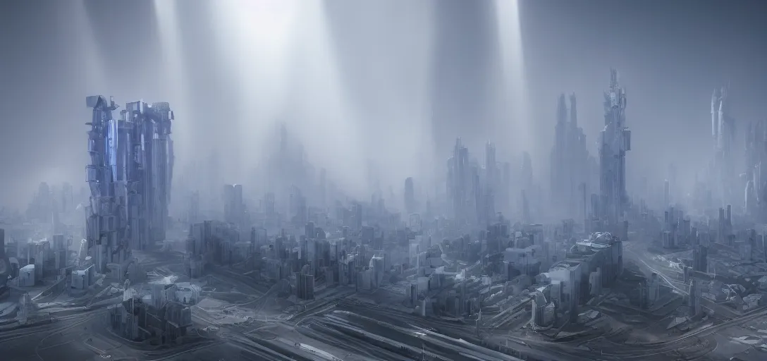 Image similar to dramatic view of giant cuboid megatropolis structure at day, giant towering pillars, colored fog,, unreal engine, dramatic lighting, detailed, ambient occlusion, global illumination, god rays, 3 d artstation render by annibale siconolfi and paul chadeisson