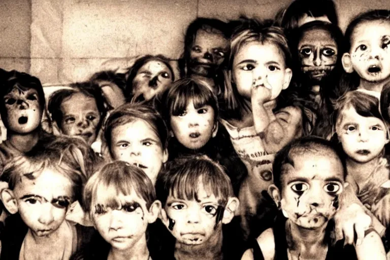 Image similar to evil kids with black alien eyes, creepy, demonic