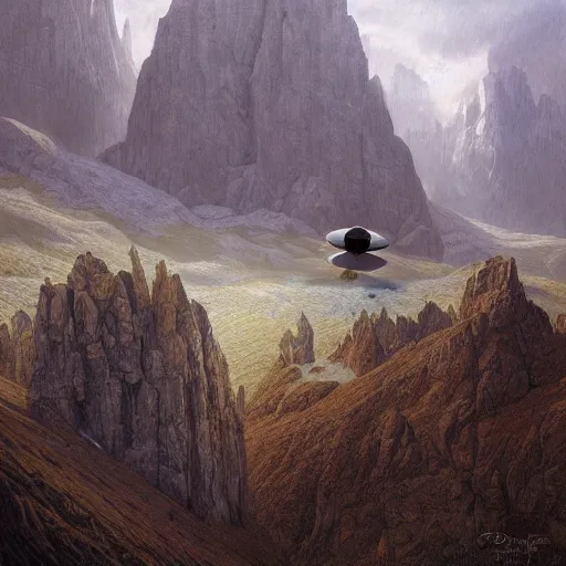 Prompt: portrait of photorealistic UFO in the dolomites, centered, digital painting, artstation, concept art, by donato giancola, Sean Yoro, Greg Rutkowski, trending on Artstation, Joseph Christian Leyendecker, WLOP, Boris Vallejo, dark, moody, foggy