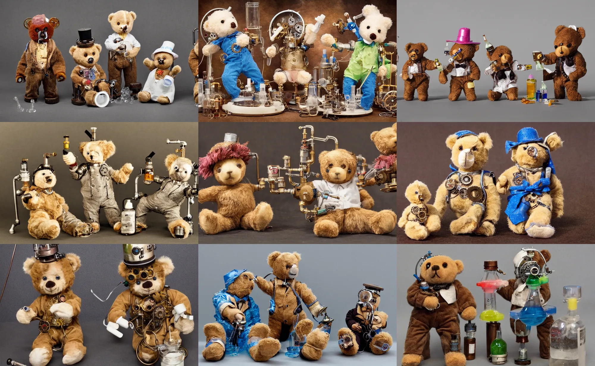 Prompt: Teddy bears mixing sparkling chemicals as mad scientists in the style of steampunk