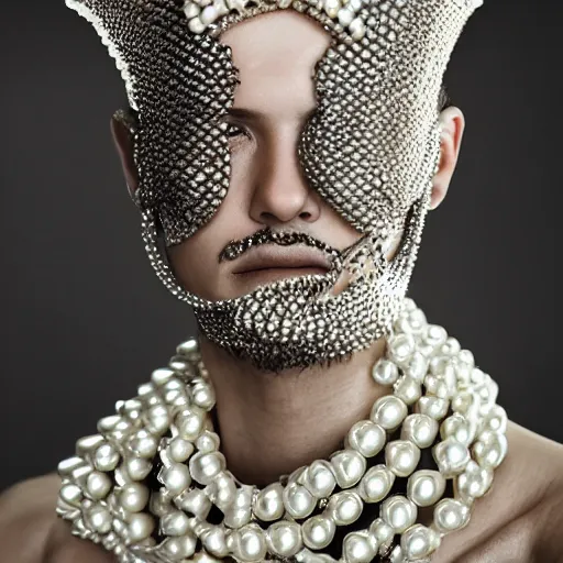 Image similar to a portrait of a beautiful young male wearing an alexander mcqueen armor made of pearls , photographed by andrew thomas huang, artistic