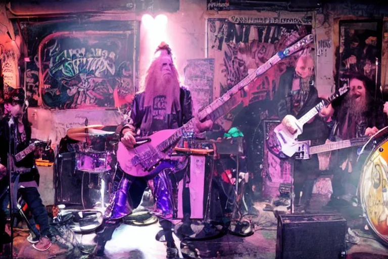 Prompt: energetic photo of a punk band performing live at CBGB with wizard Gandalf in purple wizard clothes as their lead singer