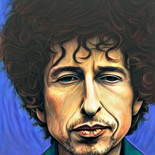 Image similar to portrait of bob dylan by alex gray