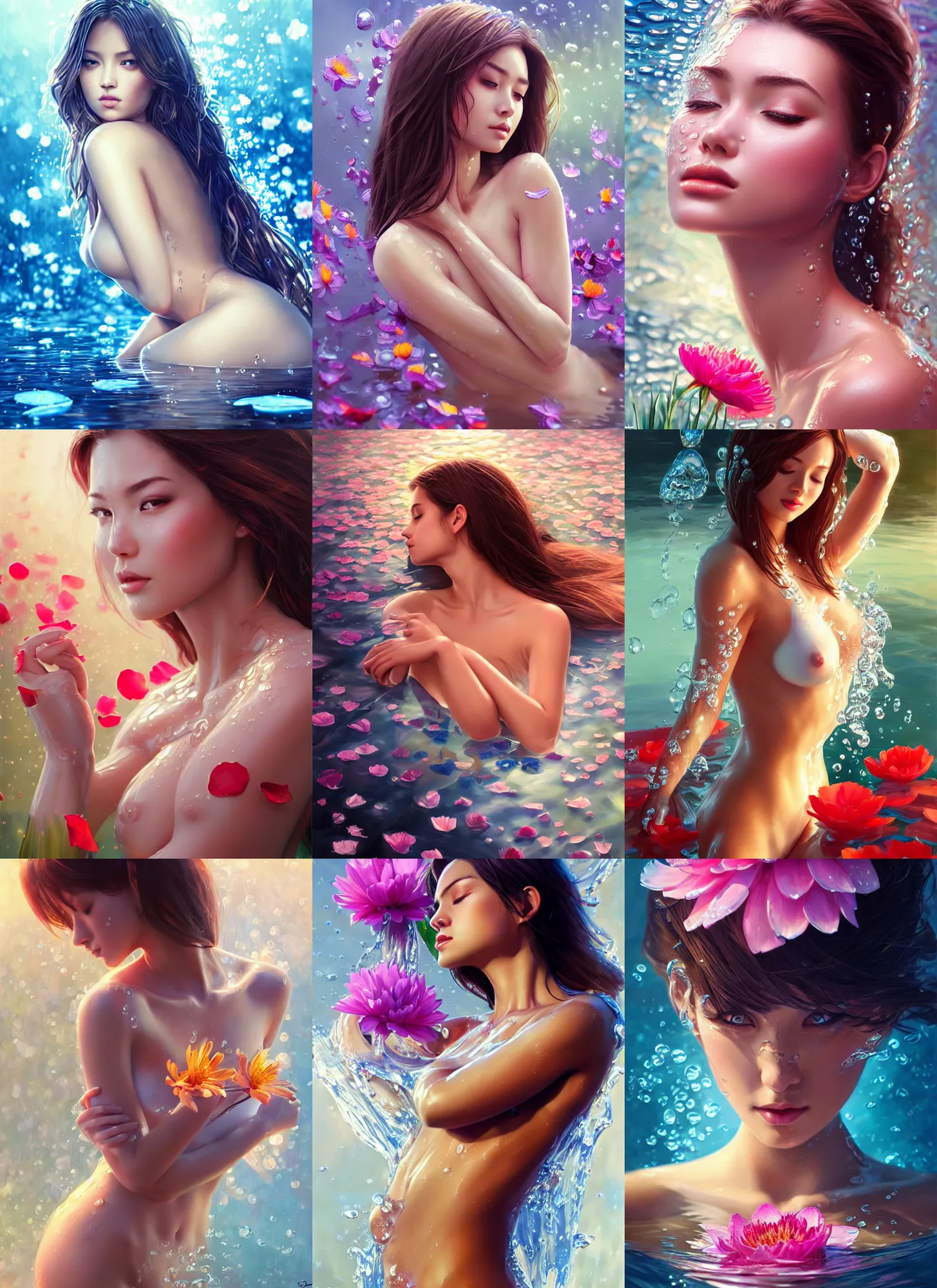 Prompt: gorgeous female covered in water resting on the petals in the style of stefan kostic, backlit, refracted lighting, elegant, half body shot, 8 k high definition, insanely detailed, intricate, elegant, art by stanley lau, artgerm, wlop, caidychen, kuvshinov ilya,