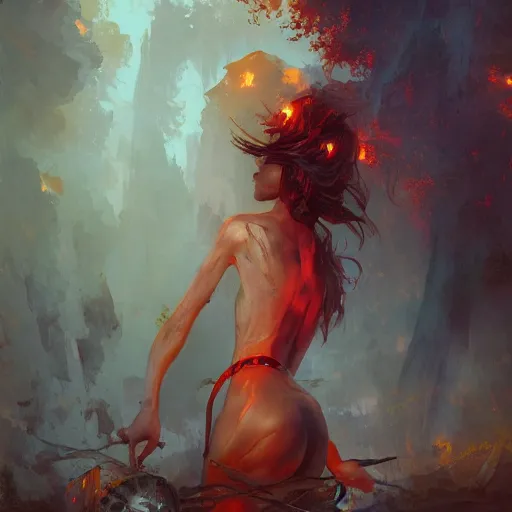 Prompt: a painting of a fire nymph by marc simonetti, high detail, trending on artstation